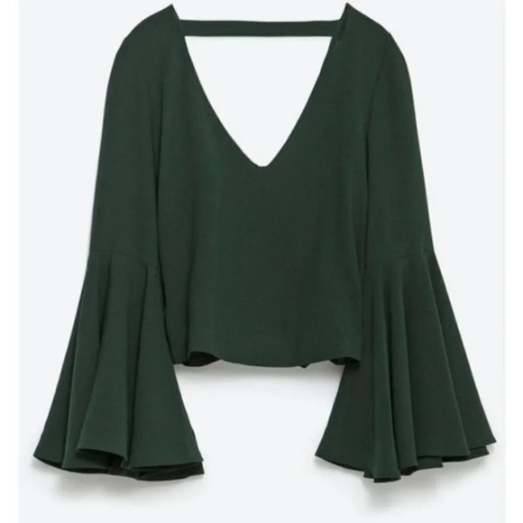 ZARA‎ Trafaluc Dark Green Cropped Bell Sleeve Top - Picture 1 of 8